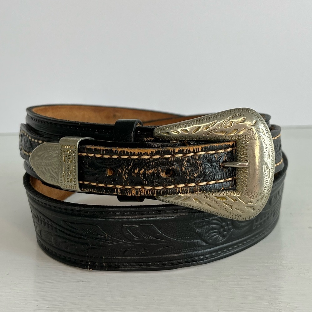 Tex Tan Vintage Tooled Leather Belt Silver Buckle and Tip Size 34 Western Rodeo
